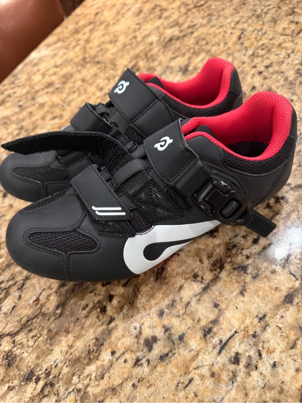 Women’s Peleton Black and Red Cycling Shoes with Secure Buckle